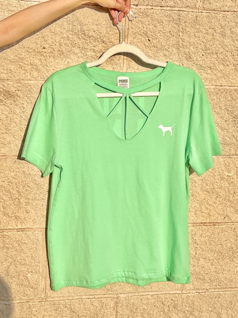 PINK Victoria’s Secret Green Cutout Campus Tee Logo Back Y2K
